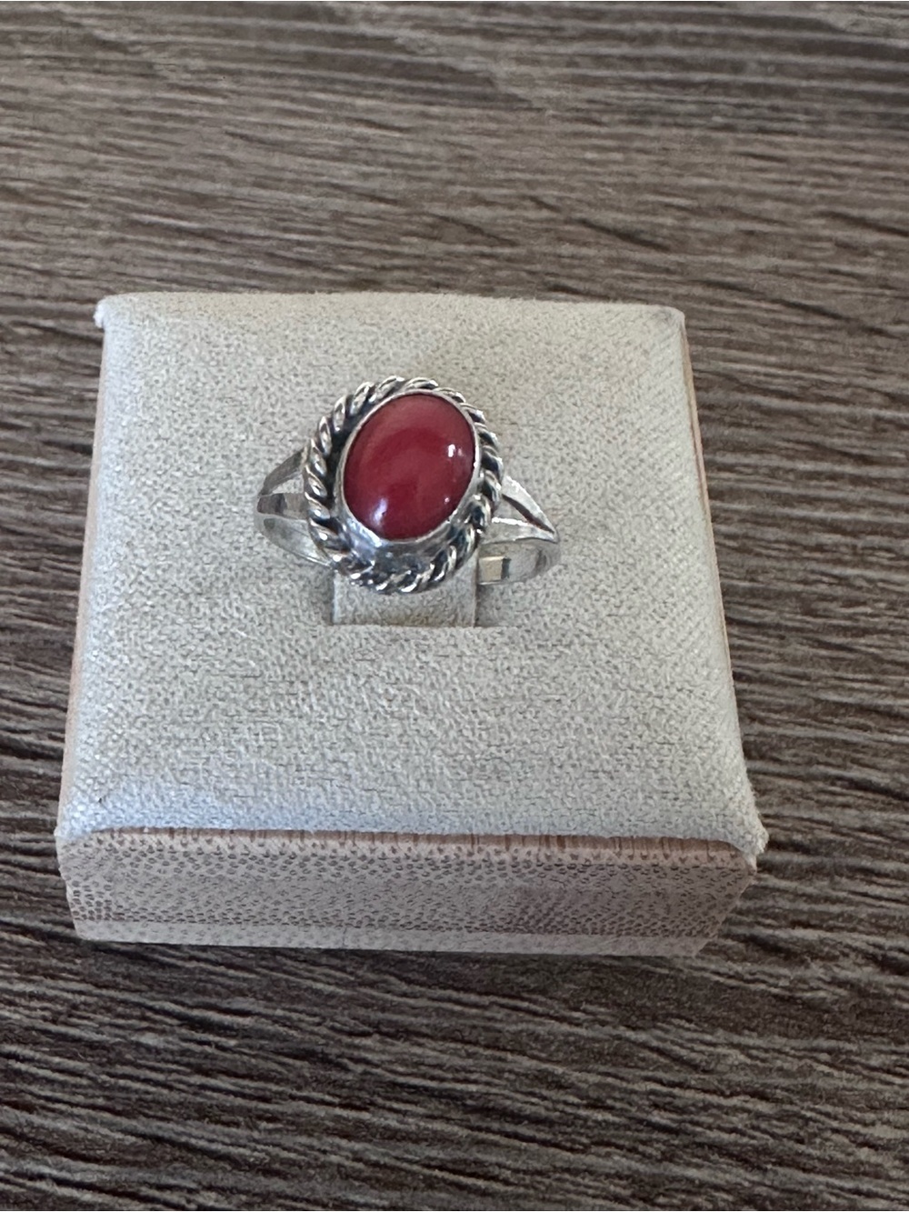 American Vintage Silver Ring with Red Oval Cabochon and Rope Detail